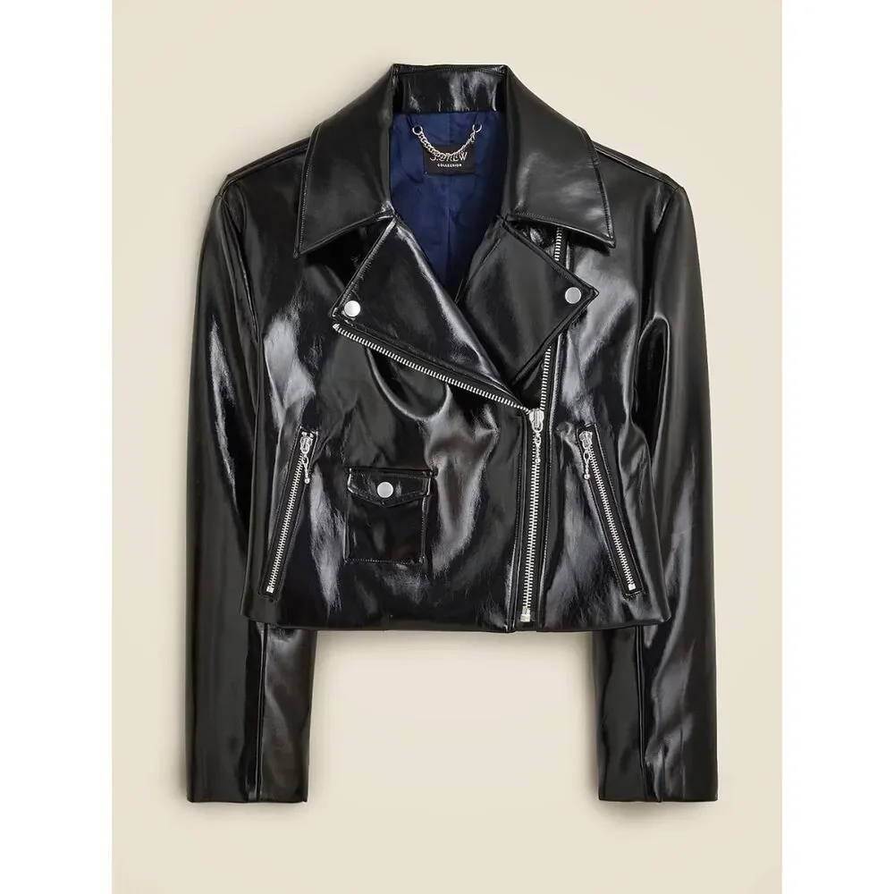 J.Crew Collection Black Cropped Moto Jacket In Faux Patent Leather Sz Large NWT